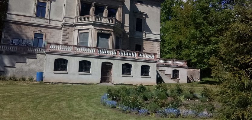 Blick in den Park. Hübsch anzusehen das Rosenrondell bei der Villa. So fein gemäht wie auf dem Bild ist der Park derzeit nicht. Das Gras wuchert in die Höhe, und die Pollen machen an Heuschnupfen leidende Besucher arg zu schaffen. (Foto: Kurt Frank)