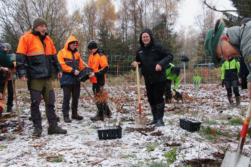 Bei der ersten Pflanzrunde Ende August war der Boden noch staubtrocken, heute buddelte Th&uuml;ringens Ministerpr&auml;sident Bodo Ramelow im ersten Schnee (Foto: agl)