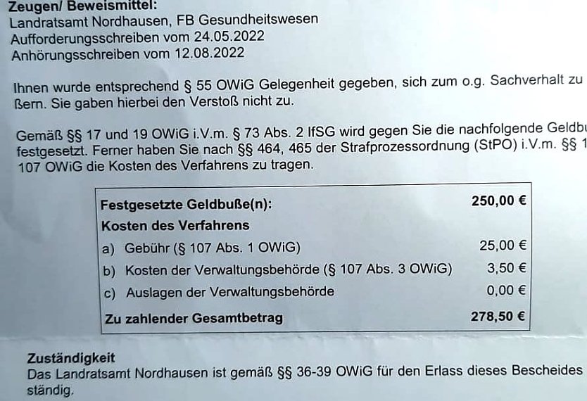 Auszug aus dem Bu&szlig;geldbescheid des Landratsamtes: 278 Euro sollen die Betroffenen 141 Personen zahlen (Foto: privat)