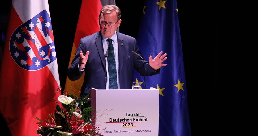 Th&uuml;ringens Ministerpr&auml;sident Bodo Ramelow beim zentralen Festakt des Freistaates zum Tag der Deutschen Einheit in Nordhausen (Foto: agl)