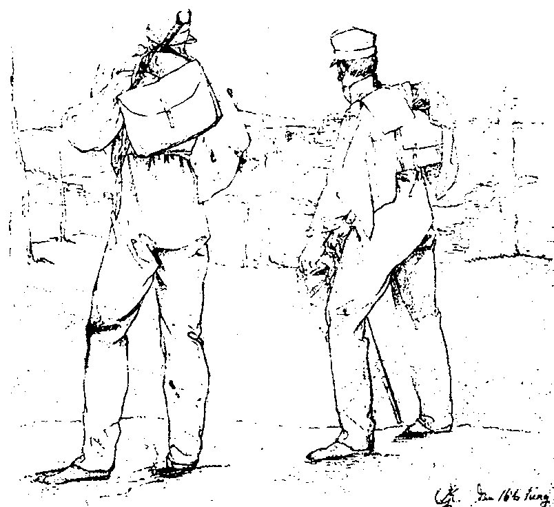 Zeichnung von Georg Kersting:  „Caspar David Friedrich und Gottlob Christian Kühn im Reisekostüm vom Rücken gesehen im Harz“, rechts signiert im Blatt GK. den 16.6.1811.  (Foto: H.Kneffel)