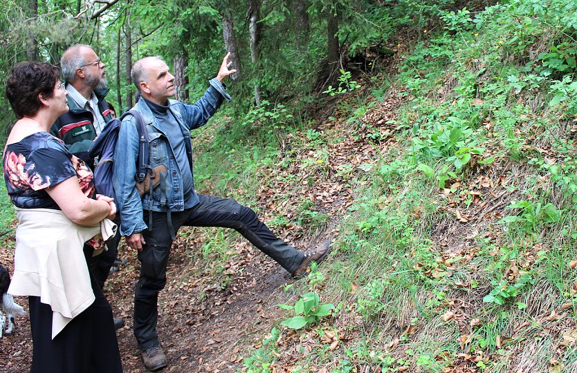 Prof. Dr. Stefan Brunzel (rechts) im Gespr&auml;ch mit der BfN-Pr&auml;sidentin Sabine Riewenherm und J&uuml;rgen Boddenberg (Th&uuml;ringenForst) die Besonderheiten des Gelben Frauenschuhs  (Foto: R.Kornau)