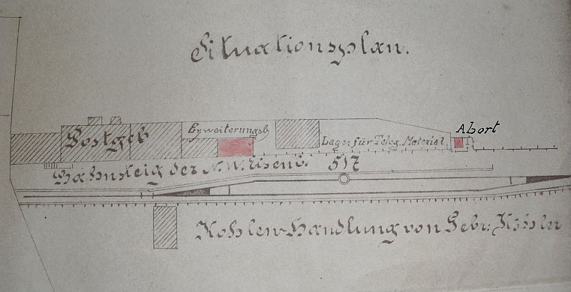 Plan des ersten Personenbahnhofs der NWE, li. Bahnhofsplatz, oben Gel&auml;nde der Staatsbahn StA Nordhausen, Sammlung W. Schwarzbach, beide Pl&auml;ne erstellt 27.08.1897Vereinigte Eisenbahnbau-und Betriebs-Gesellschaft, Bau-Abtheilung Ilfeld, 27.August.1897   (Foto: W.Schwarzbach)