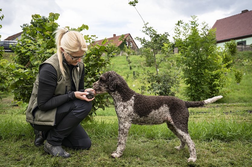 Unternehmerin Anja Kolbe-Nelde mit ihrem Tr&uuml;ffelhund (Foto: agrarheute/ Timo Jaworr)