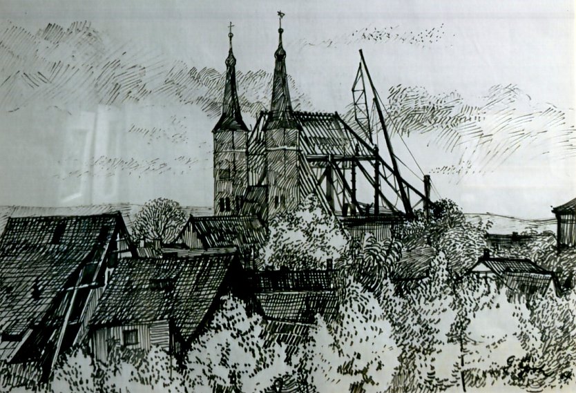 G&uuml;nter Groh, Zeichnung des Domes mit abgebranntem Steildach vor 1964 inmitten der Altstadt (Foto: Kneffel)