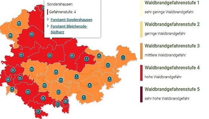 Waldbrandgefahrenstufenkarte mit Waldbrandgefahrenindex (Foto: ThüringenForst) Waldbrandgefahrenstufenkarte mit Waldbrandgefahrenindex (Foto: ThüringenForst)